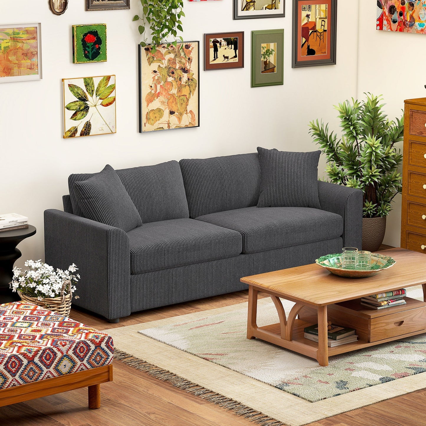 HOMCOM Modern 3 Seater Sofa with Spring Cushion, 212 cm Fabric Jumbo Cord Sofa Couch with 2 Scatter Cushions, Upholstered Corduroy Settee for Living Room, Bedroom, Home Office, Grey