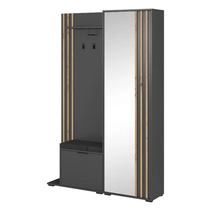 Tall black and white cabinet with a mirror on a white background