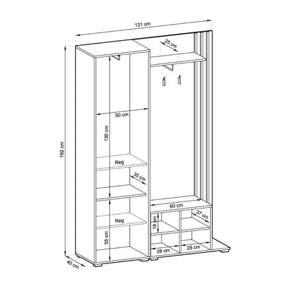 Dimensions of a wardrobe with shelves and hooks on a white background