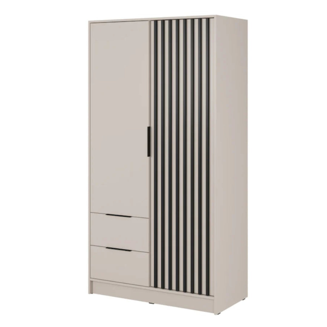 Beige wardrobe with black vertical stripes on a white background