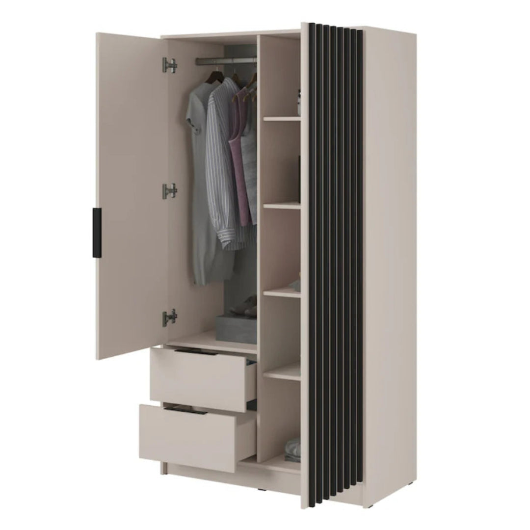 Beige wardrobe with open doors on a white background