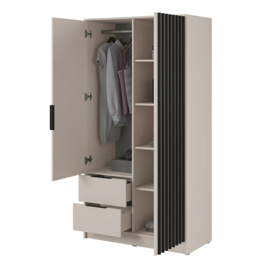 Beige wardrobe with open doors showing clothes and shelves on a white background