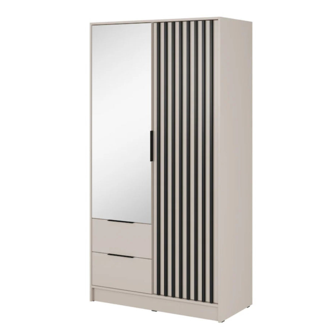 White wardrobe with black striped design on a white background
