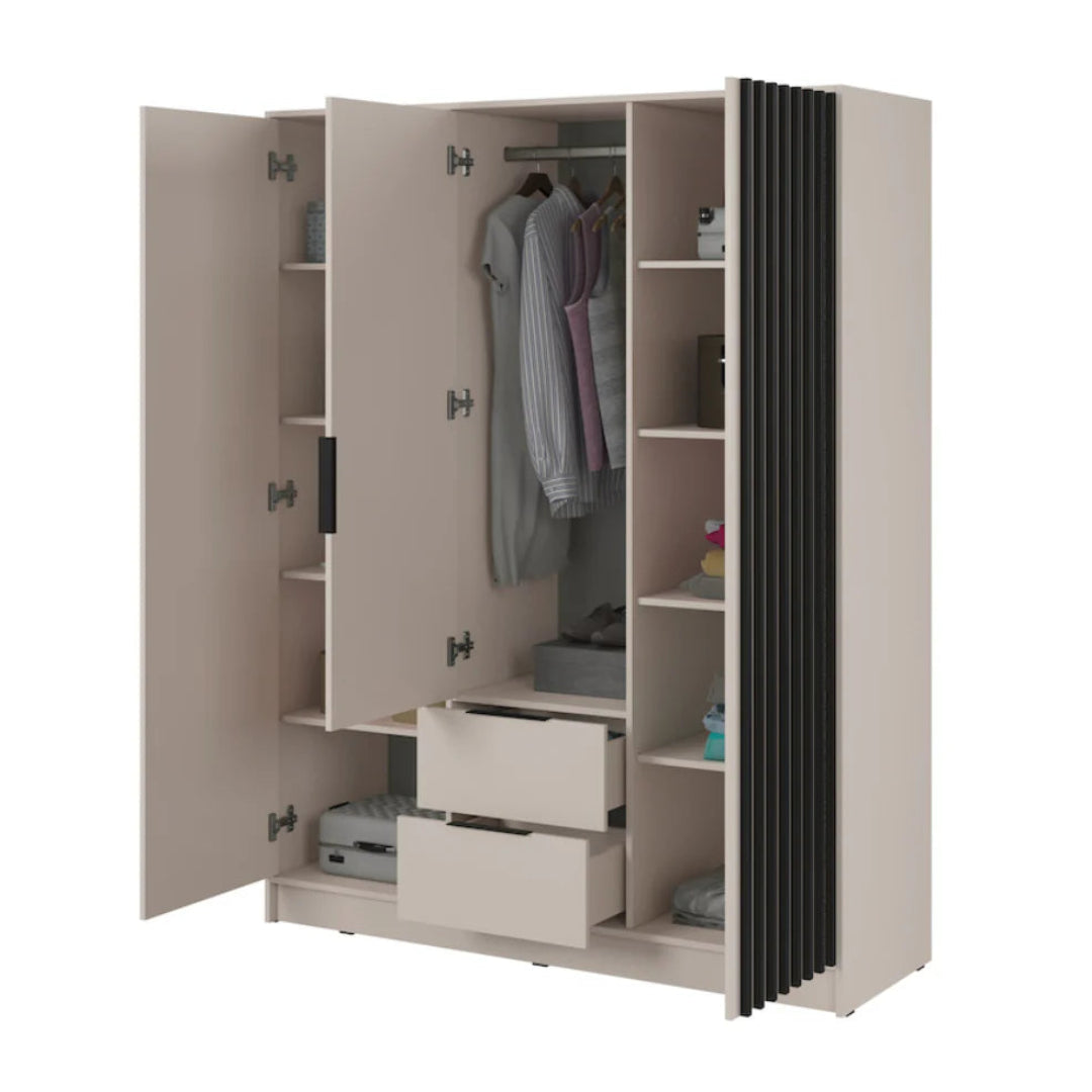 Beige wardrobe with open doors showing clothes and shelves on a white background