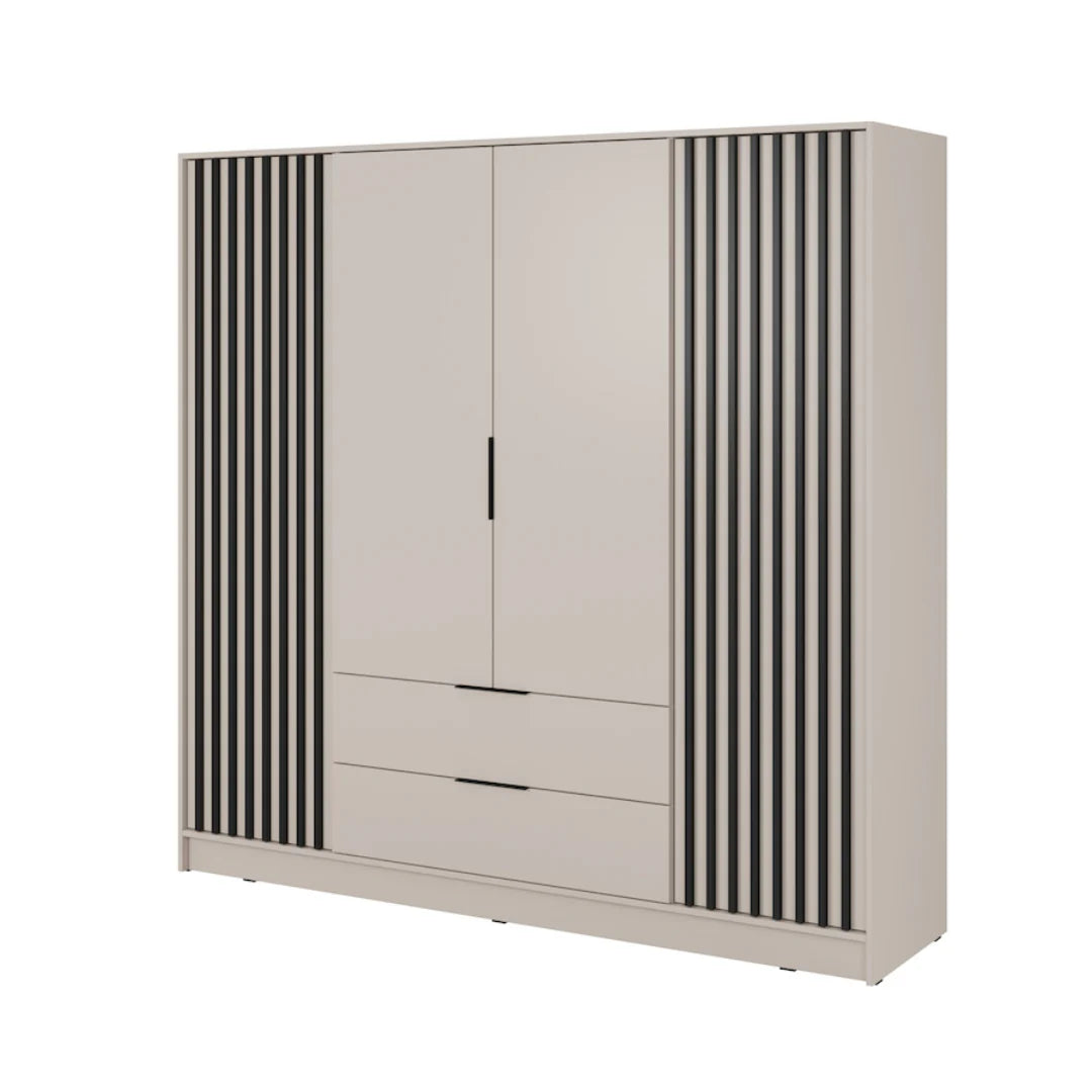Beige wardrobe with black stripe design on a white background
