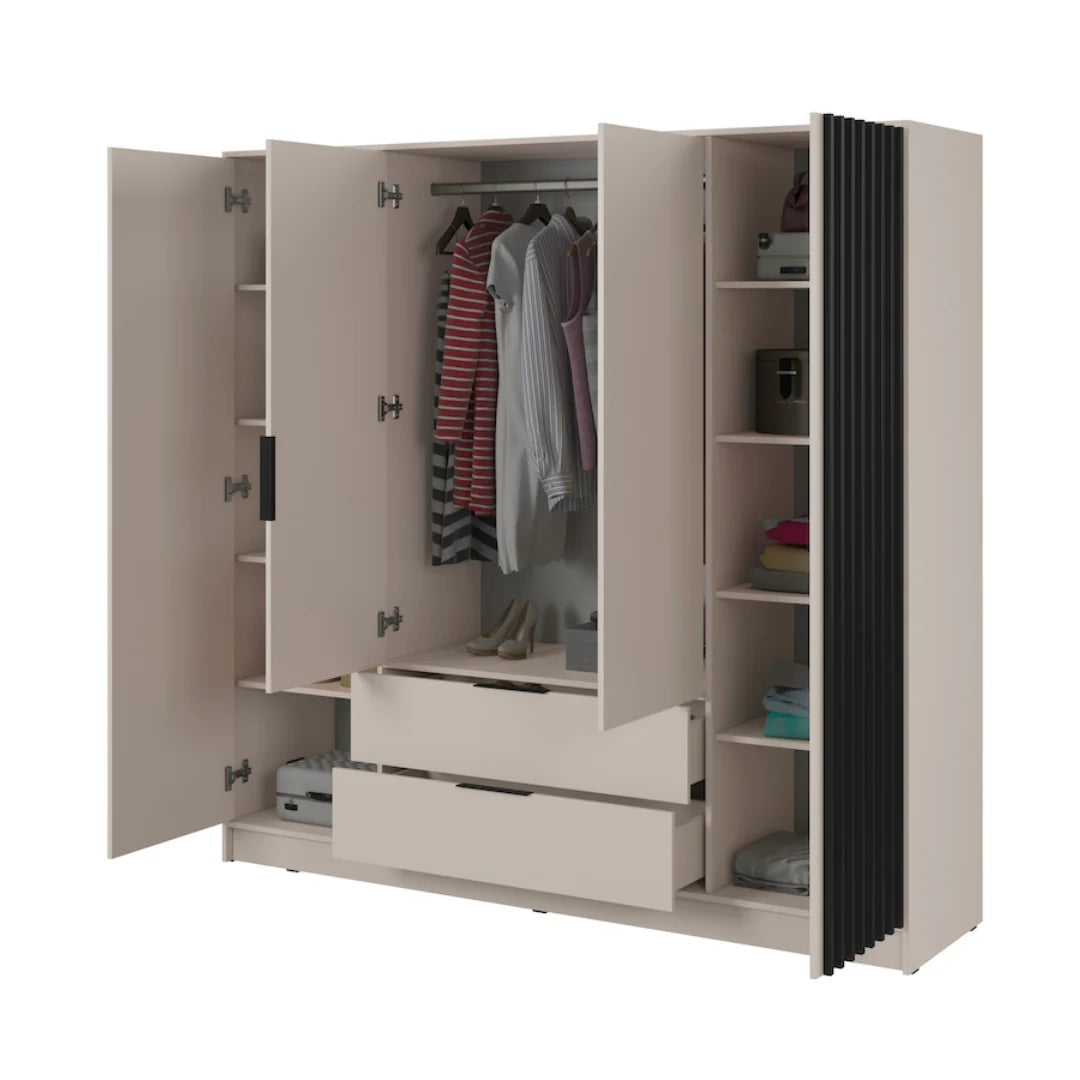 Beige wardrobe with open doors showing clothes and shelves on a white background