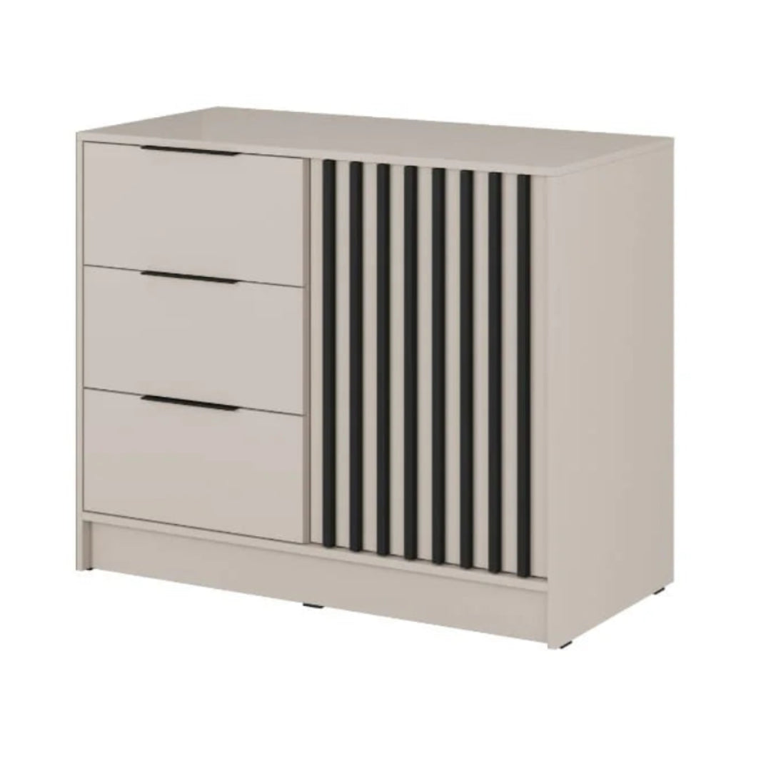 Beige dresser with three drawers and a striped design on a white background