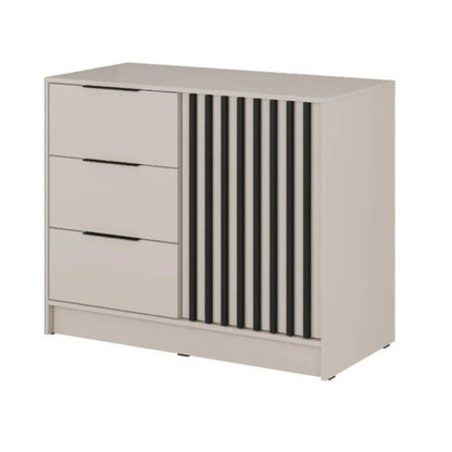 Beige dresser with three drawers and a striped design on a white background