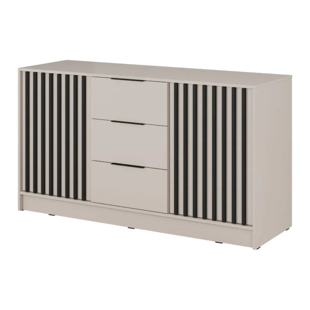 Beige dresser with black stripe design on a white background