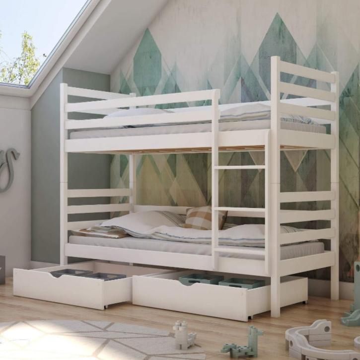 White bunk bed with storage drawers in a room with geometric wall design