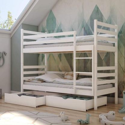 White bunk bed with storage drawers in a room with geometric wall design