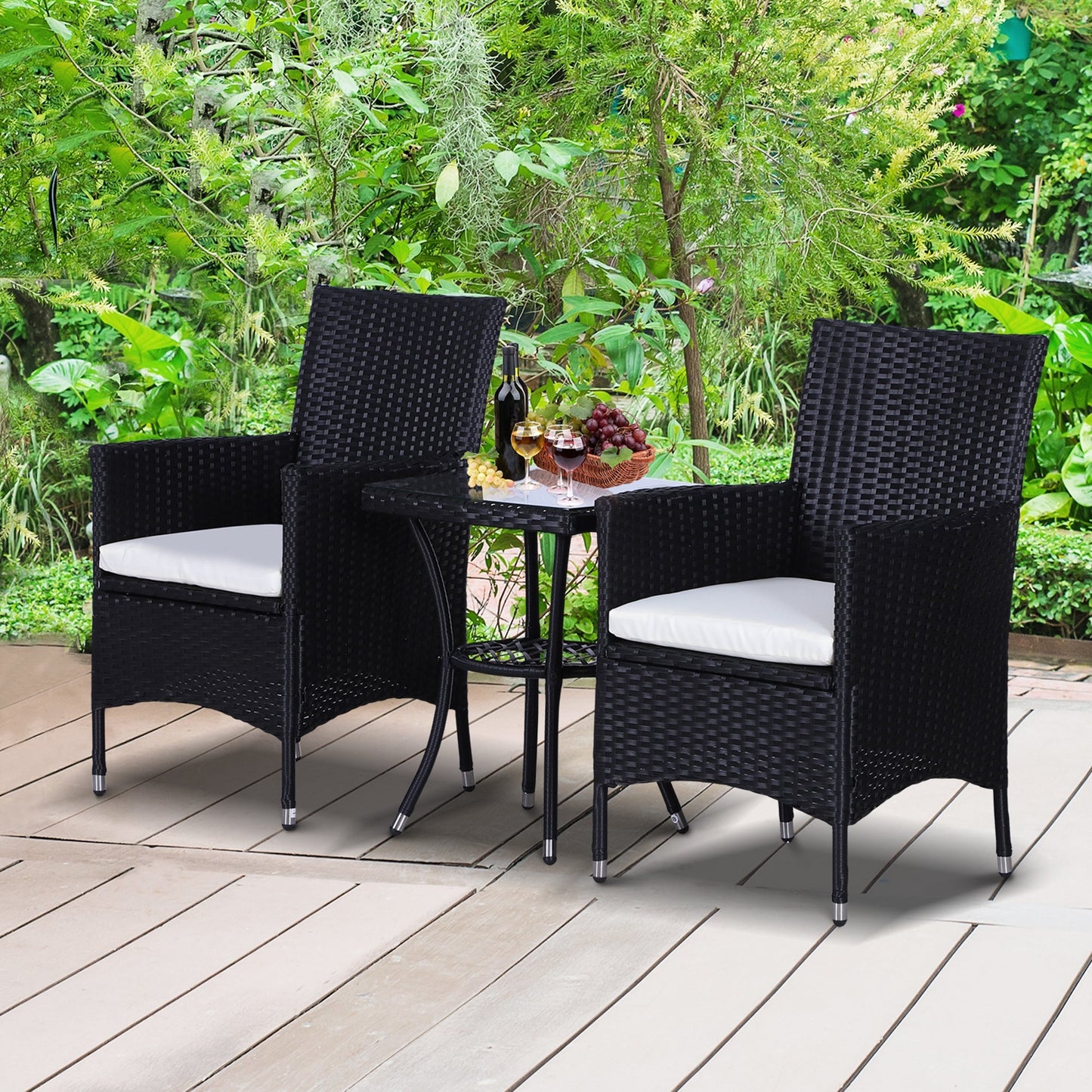 Outsunny 3 Pieces Rattan Bistro Set, Wicker Garden Furniture Set with 2-Tier Coffee Table and Chairs, Cushions, for Outdoor Patio Balcony, Black