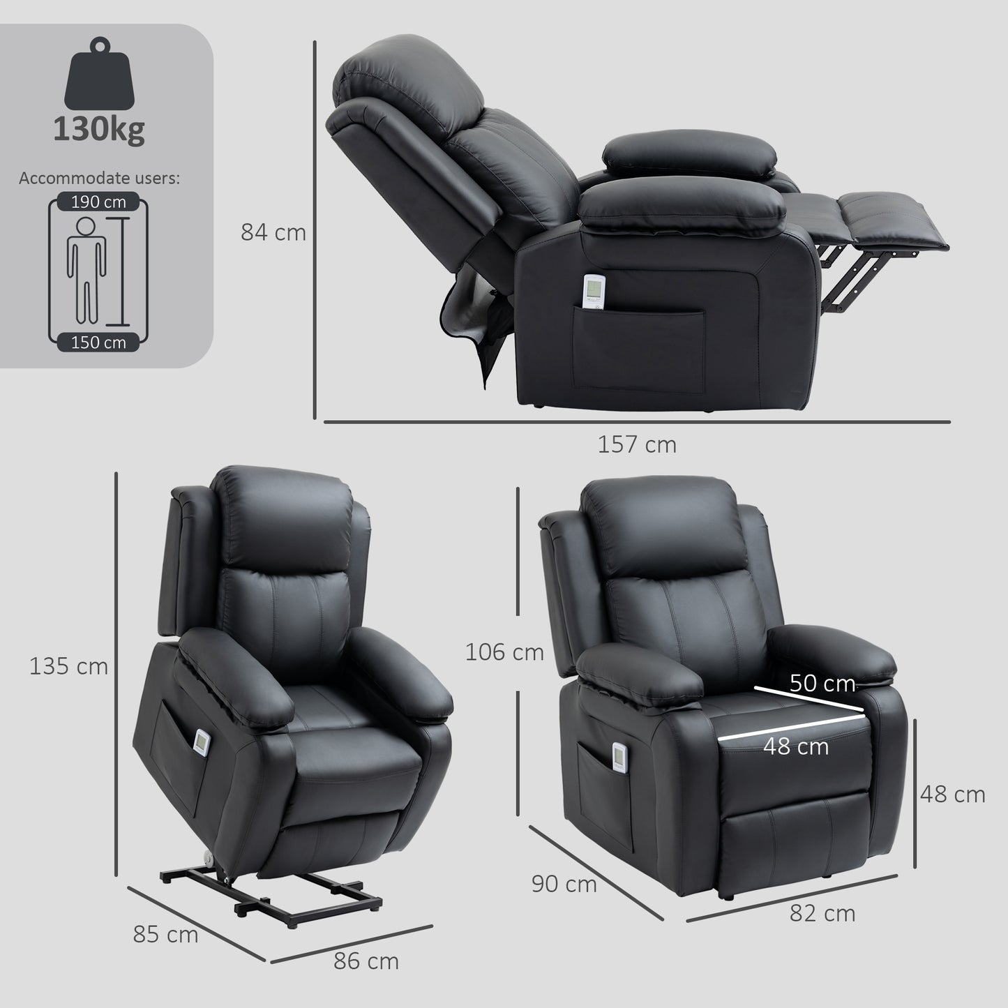 HOMCOM Riser and Recliner Chair with Vibration Massage, PU Leather Power Lift Chair for Elderly, Black