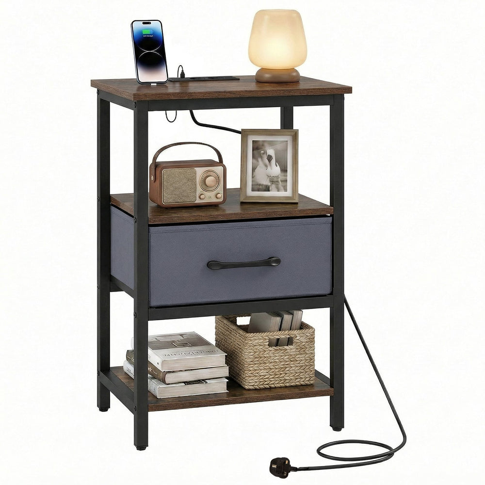 Nightstand Bedside Table with Charging Station and Drawer-Rustic Brown