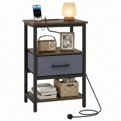 Nightstand Bedside Table with Charging Station and Drawer-Rustic Brown