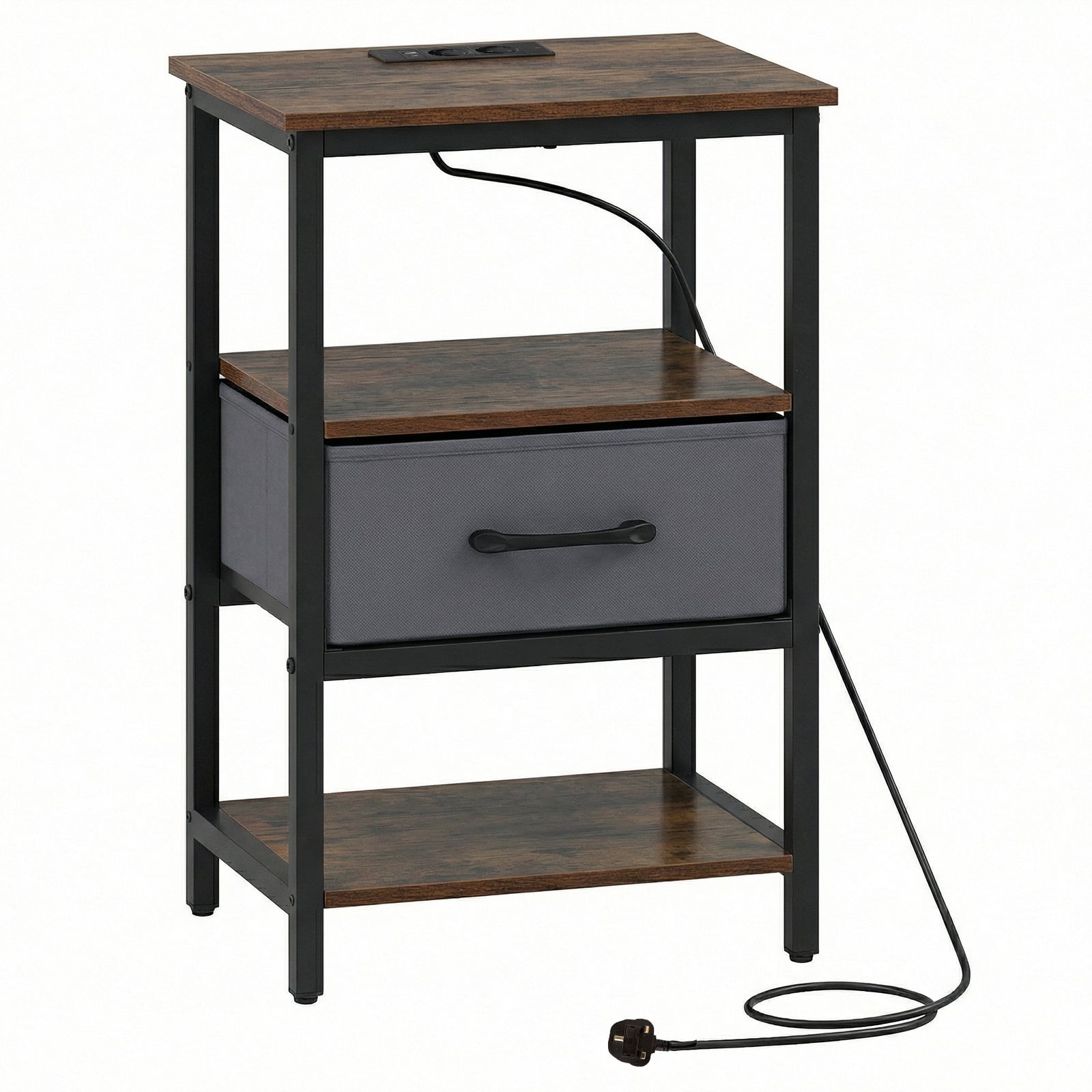 Nightstand Bedside Table with Charging Station and Drawer-Rustic Brown
