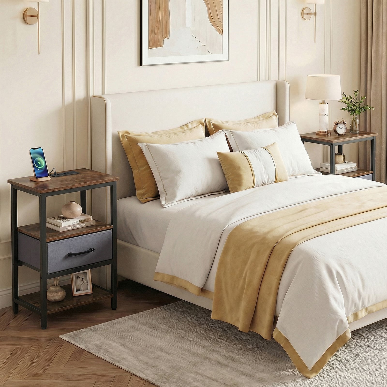 Nightstand Bedside Table with Charging Station and Drawer-Rustic Brown