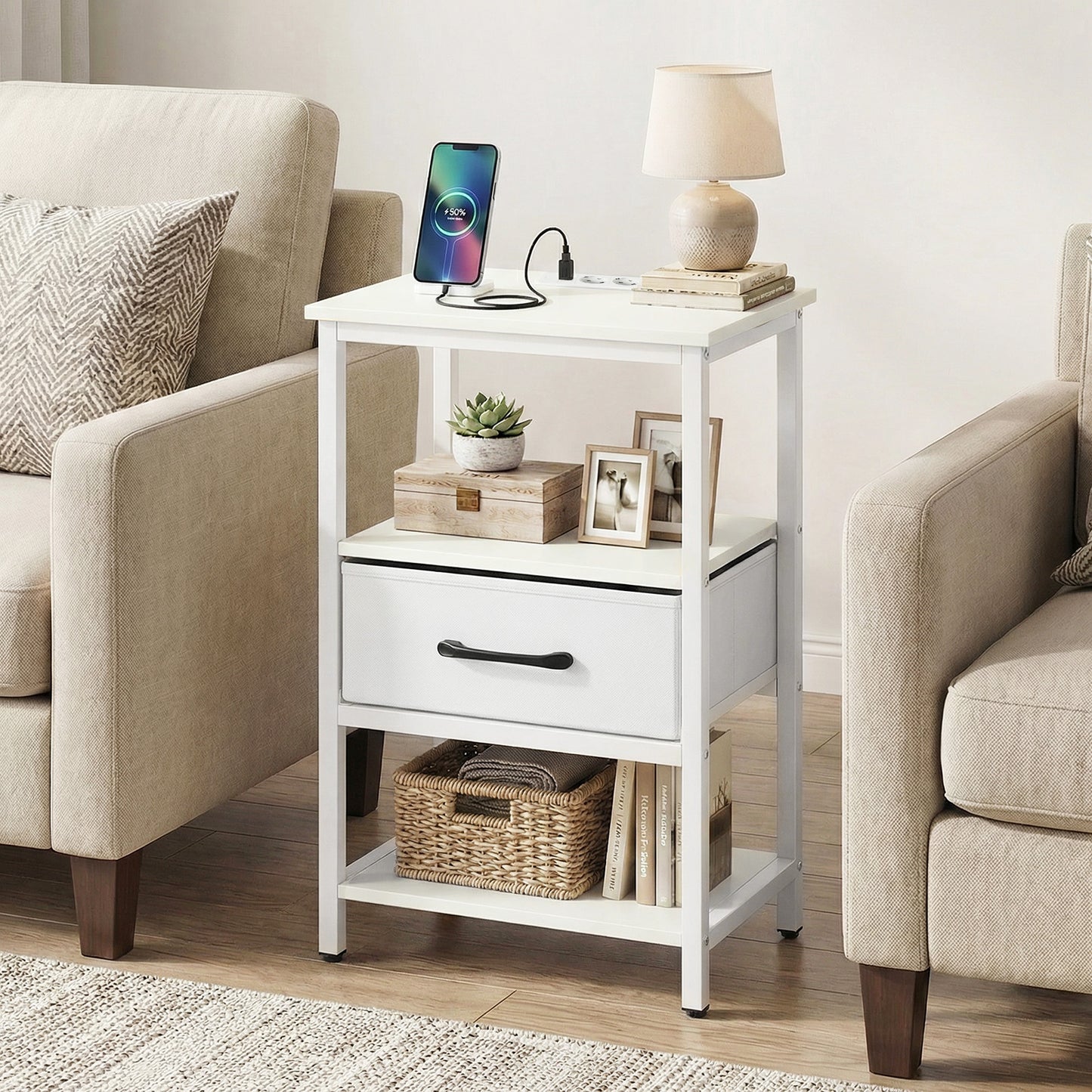 Nightstand Bedside Table with Charging Station and Drawer-White