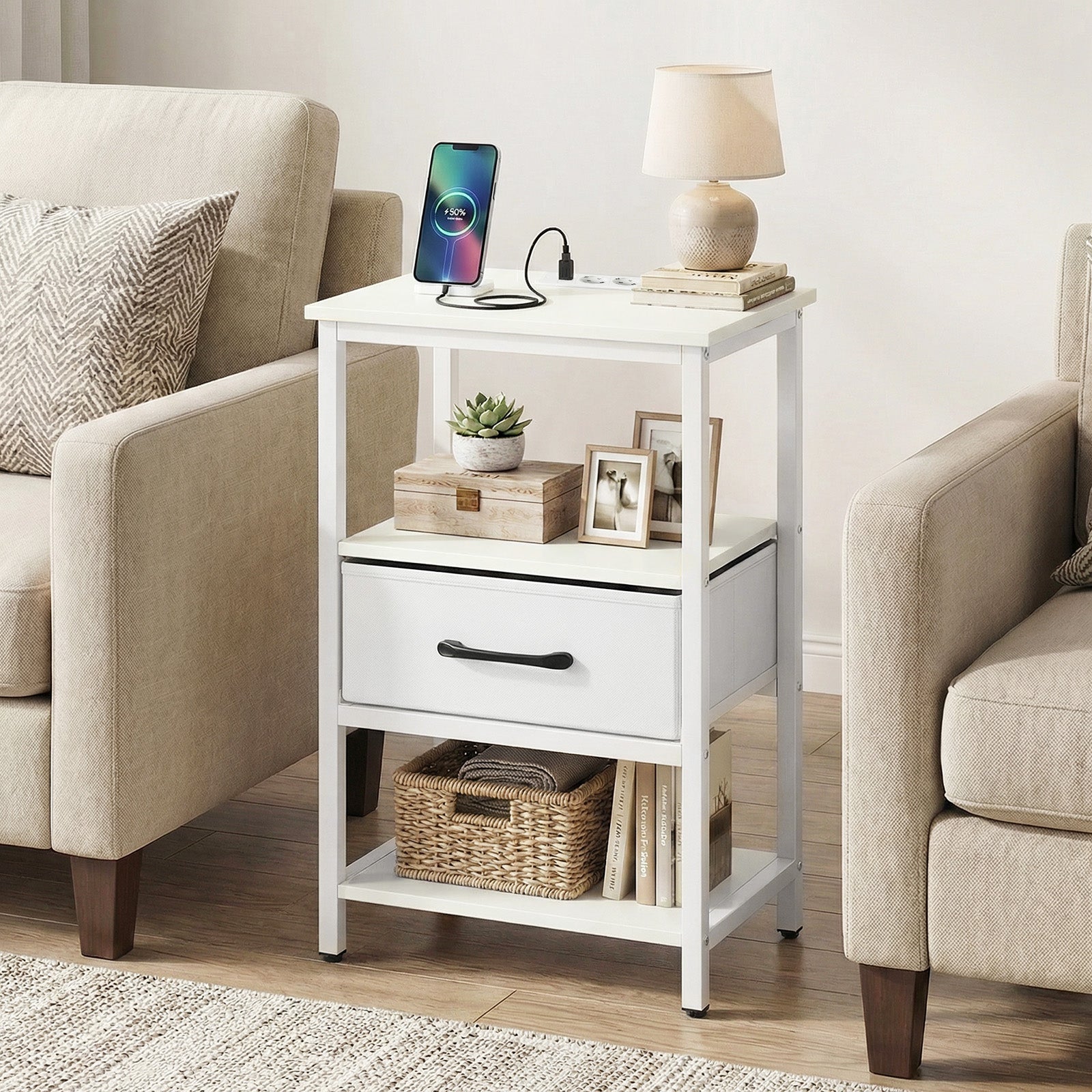 Nightstand Bedside Table with Charging Station and Drawer-White