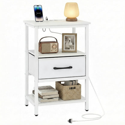 Nightstand Bedside Table with Charging Station and Drawer-White