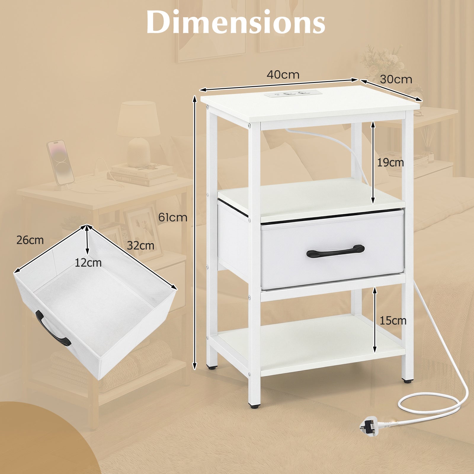 Nightstand Bedside Table with Charging Station and Drawer-White