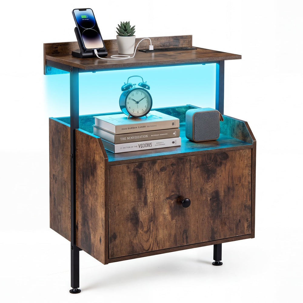 Nightstand Bedside Table with Charging Station and LED Light-Rustic Brown