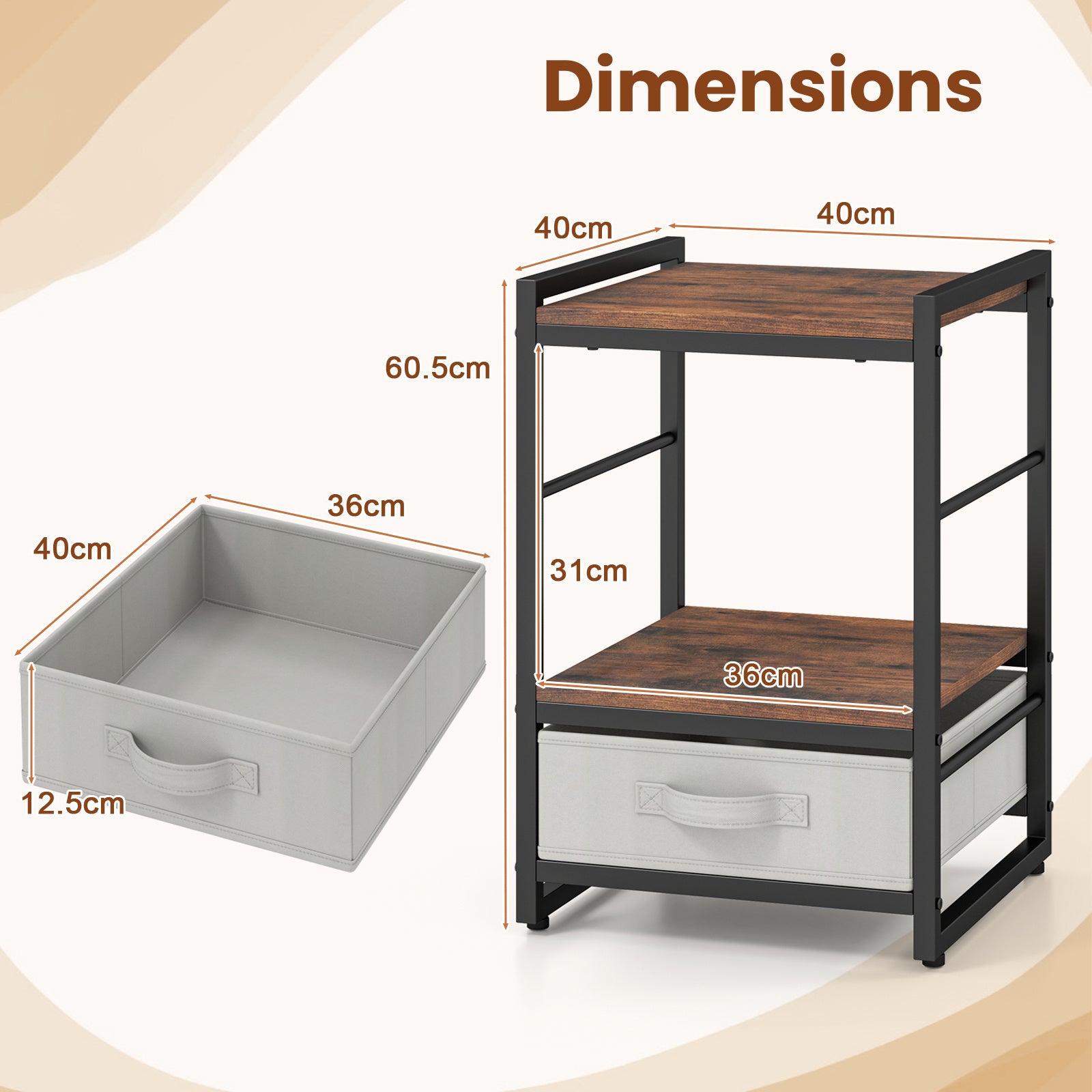 Nightstand Bedside Table with Fabric Drawer Open Wood Shelf-2 Pack