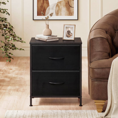 Nightstand Set of 2 End Table with Fabric Drawers for Bedroom-Black