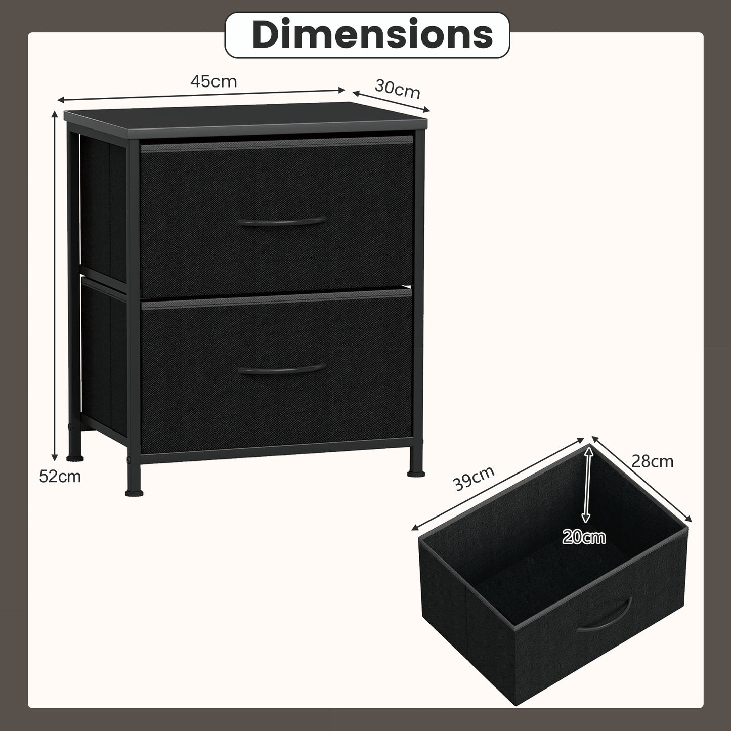 Nightstand Set of 2 End Table with Fabric Drawers for Bedroom-Black