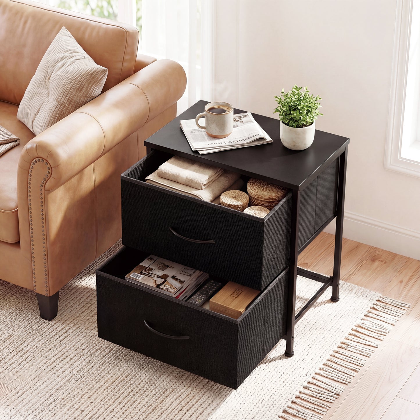 Nightstand Set of 2 End Table with Fabric Drawers for Bedroom-Black