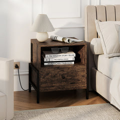 Nightstand with Charging Station 3-Tier Bedside Table with Drawer Set of 2-Brown