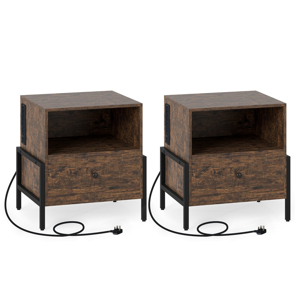 Nightstand with Charging Station 3-Tier Bedside Table with Drawer Set of 2-Brown