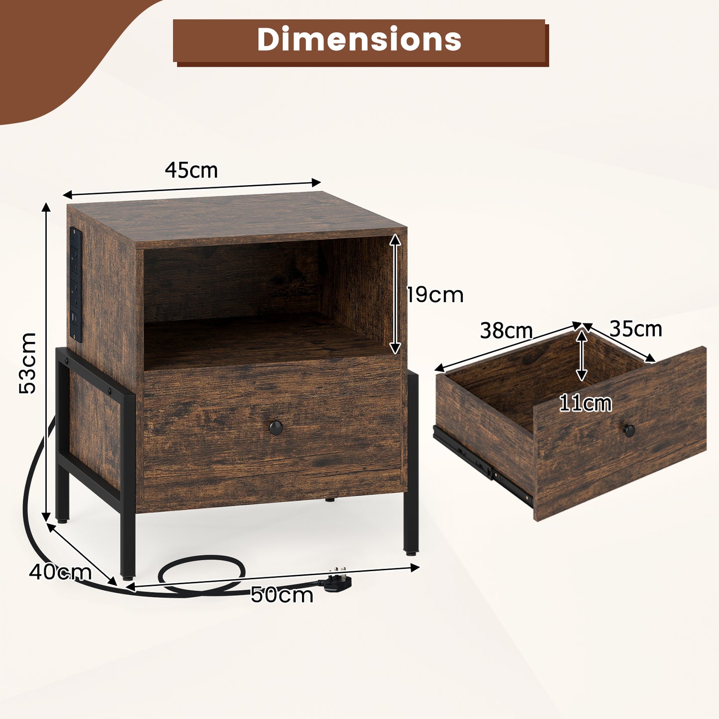 Nightstand with Charging Station 3-Tier Bedside Table with Drawer Set of 2-Brown