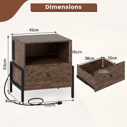 Nightstand with Charging Station 3-Tier Bedside Table with Drawer Set of 2-Brown