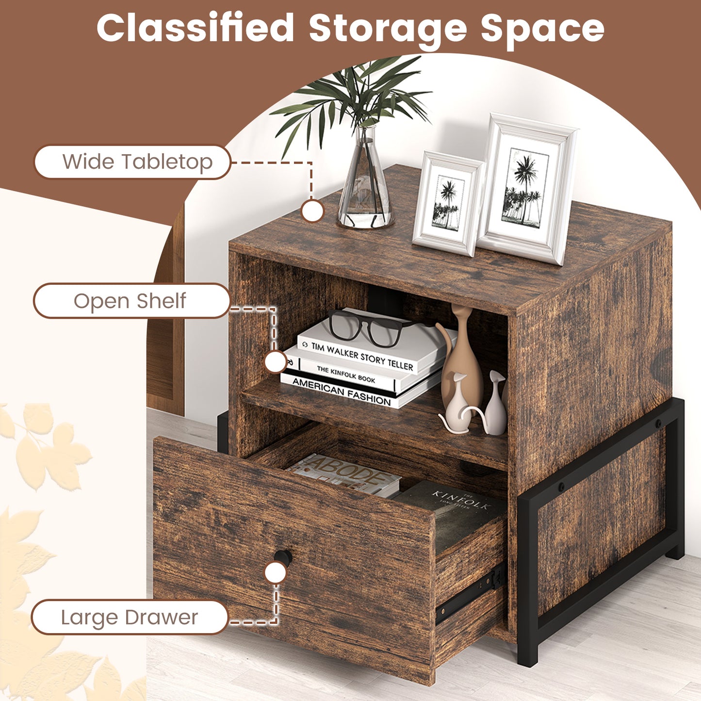 Nightstand with Charging Station 3-Tier Bedside Table with Drawer Set of 2-Brown