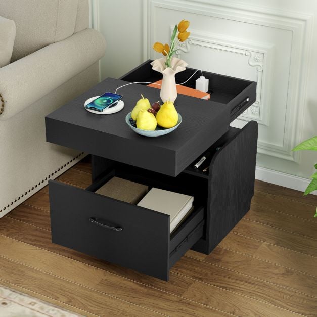 Nightstand with Charging Station Set of 2 with Drawer and Sliding Top Storage-Black