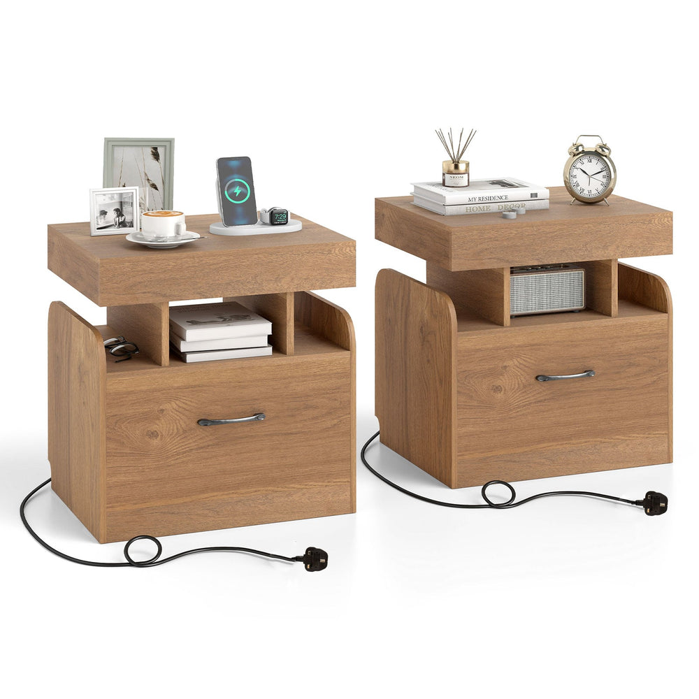 Nightstand with Charging Station Set of 2 with Drawer and Sliding Top Storage-Natural
