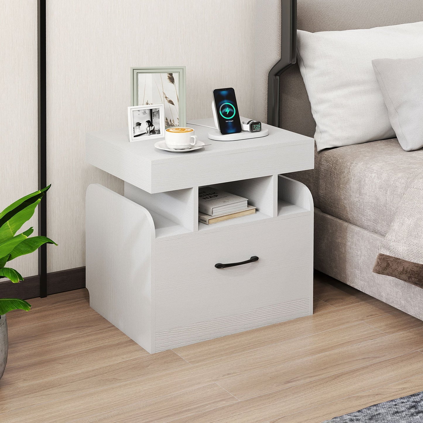Nightstand with Charging Station Set of 2 with Drawer and Sliding Top Storage-White