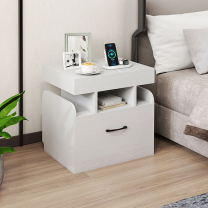 Nightstand with Charging Station Set of 2 with Drawer and Sliding Top Storage-White