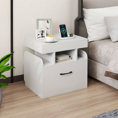 Nightstand with Charging Station Set of 2 with Drawer and Sliding Top Storage-White