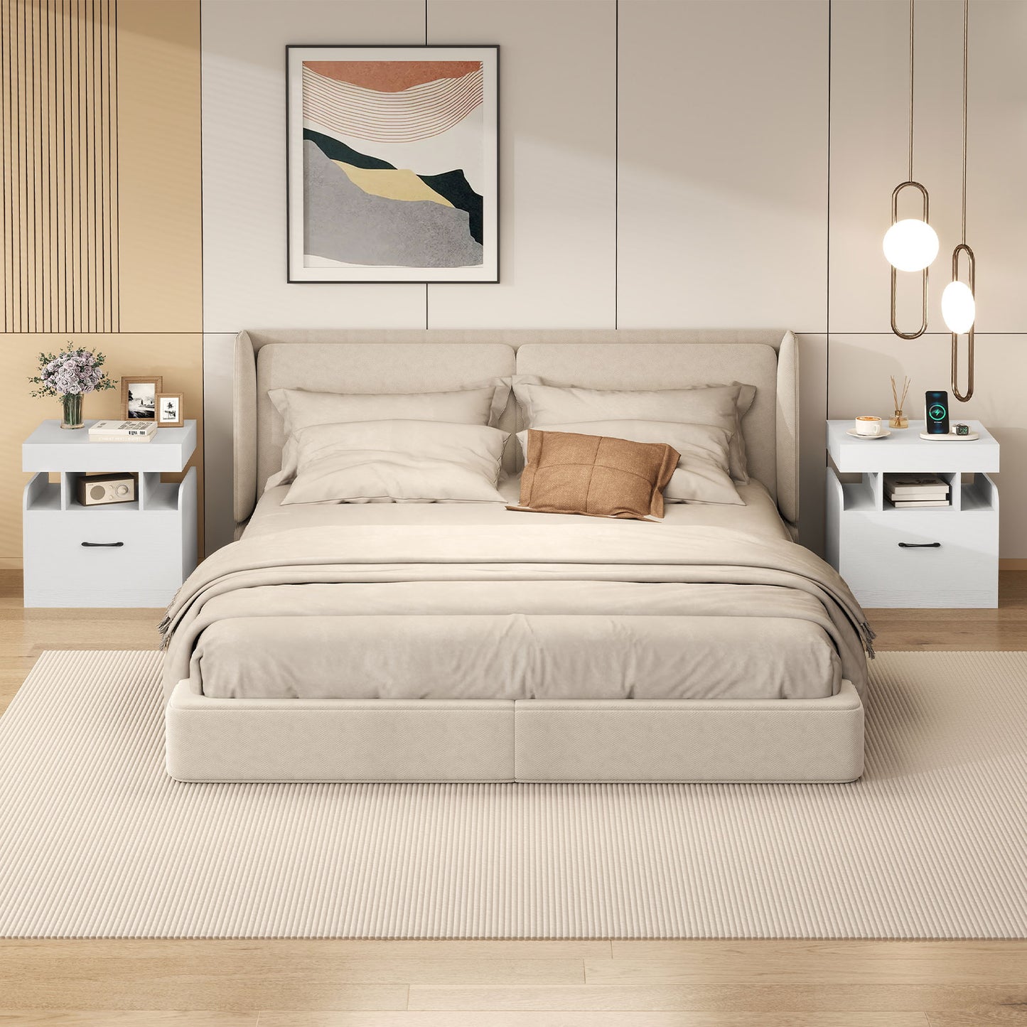 Nightstand with Charging Station Set of 2 with Drawer and Sliding Top Storage-White