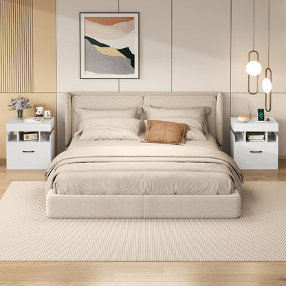 Nightstand with Charging Station Set of 2 with Drawer and Sliding Top Storage-White