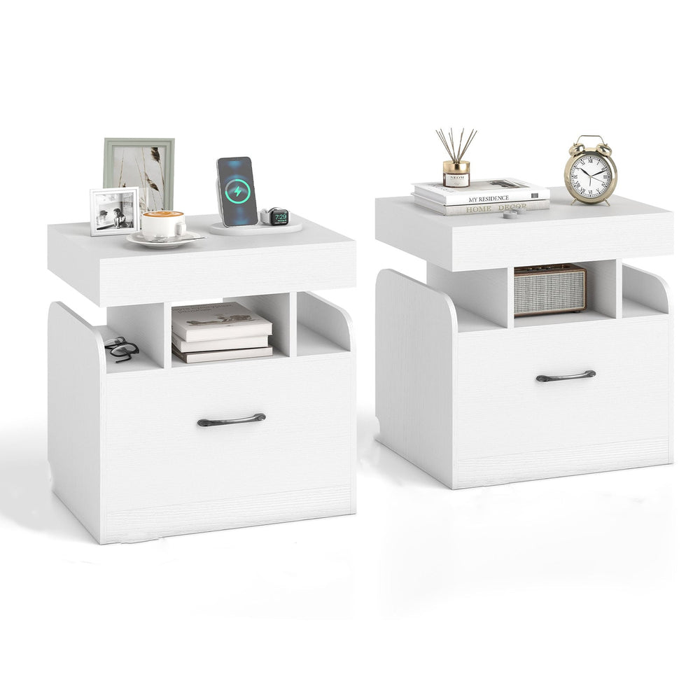 Nightstand with Charging Station Set of 2 with Drawer and Sliding Top Storage-White