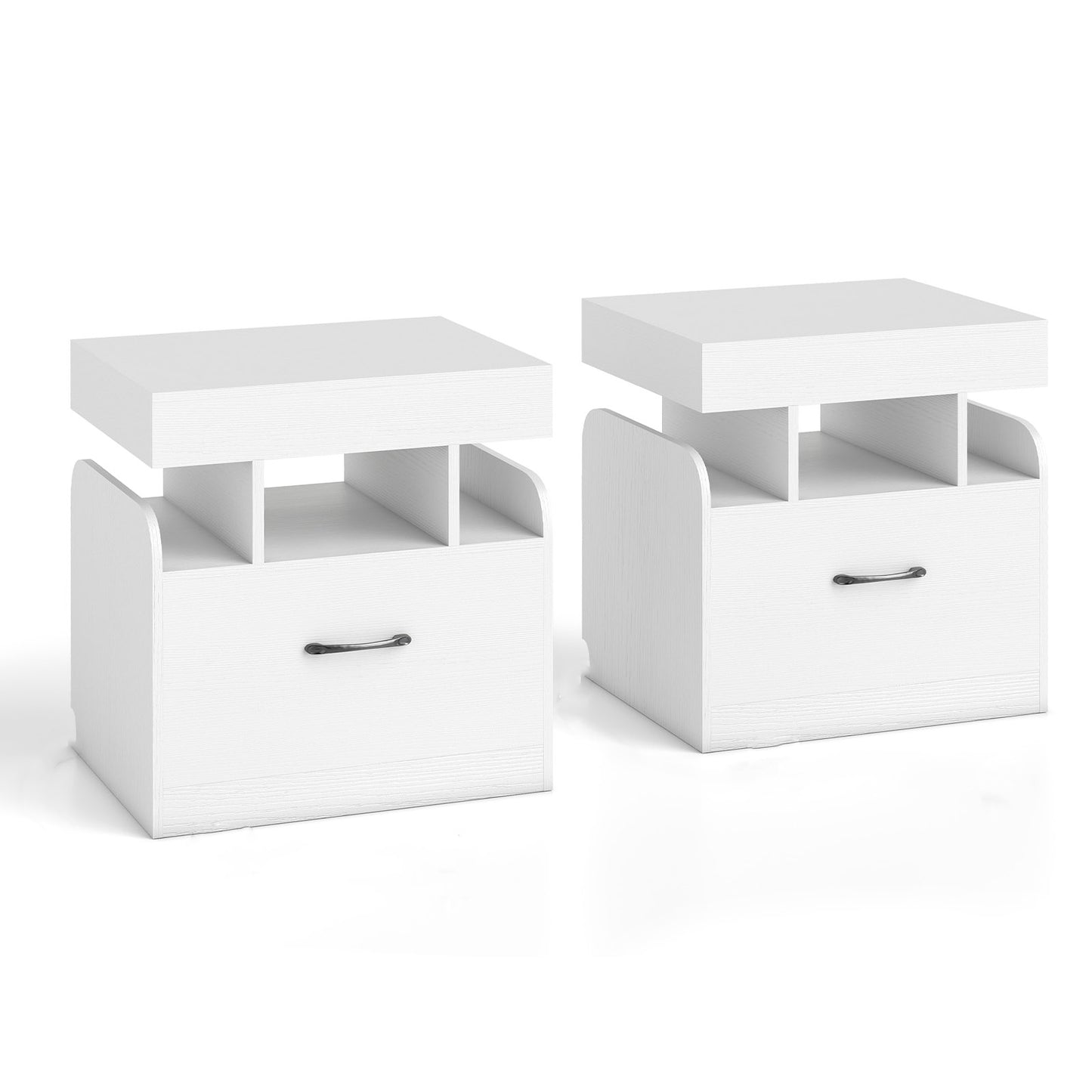 Nightstand with Charging Station Set of 2 with Drawer and Sliding Top Storage-White