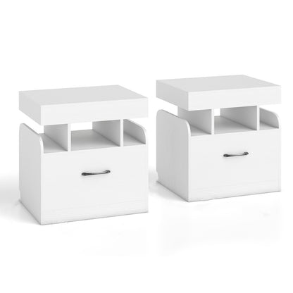 Nightstand with Charging Station Set of 2 with Drawer and Sliding Top Storage-White