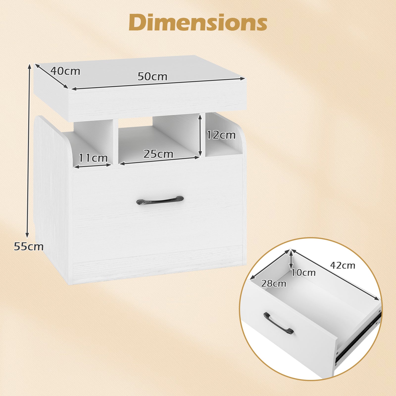 Nightstand with Charging Station Set of 2 with Drawer and Sliding Top Storage-White