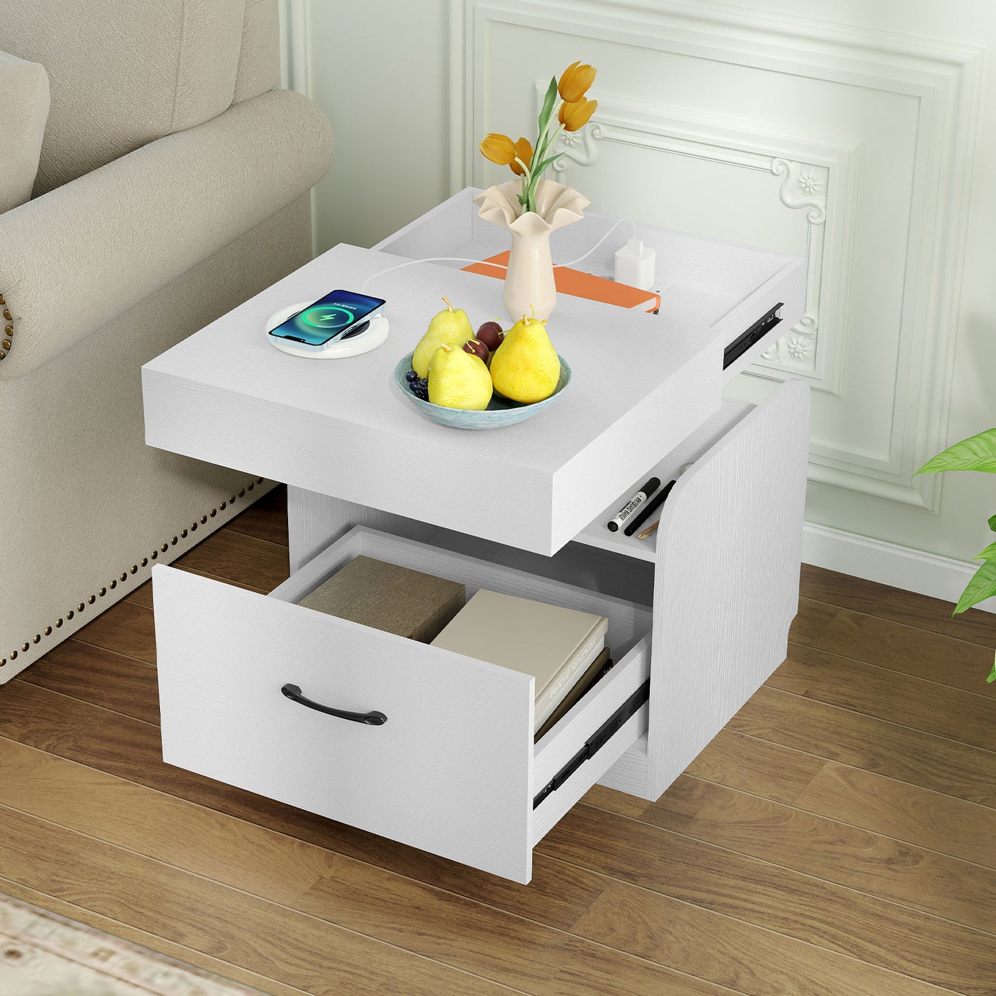 Nightstand with Charging Station Set of 2 with Drawer and Sliding Top Storage-White