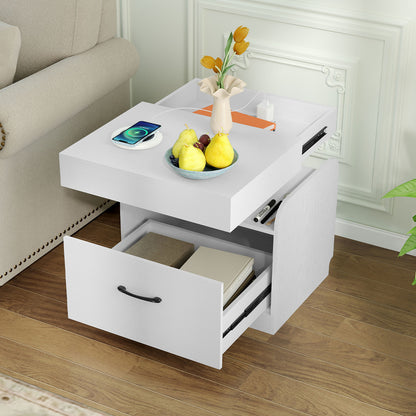 Nightstand with Charging Station Set of 2 with Drawer and Sliding Top Storage-White