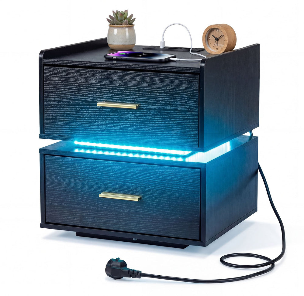 Nightstand with Charging Station and 2 Storage Drawers-Black