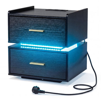 Nightstand with Charging Station and 2 Storage Drawers-Black
